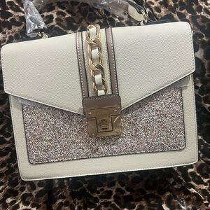 Aldo Cream Glitter Accent Top-Handle Bag with Gold Chain Detail